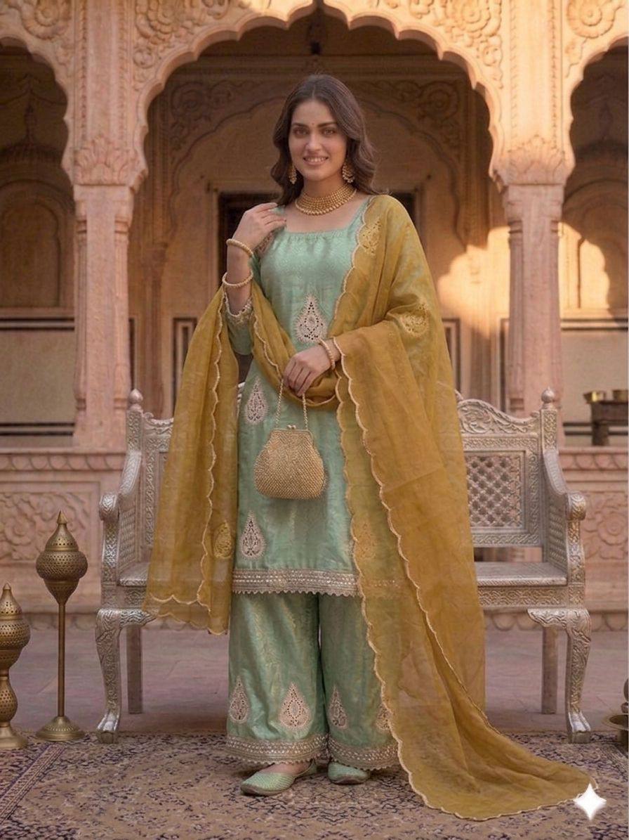 The Neo-Classic Teal Tissue Silk Silhouette